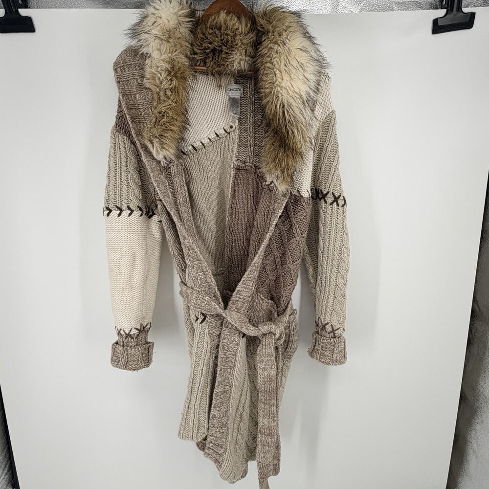 Vintage Chico’s Chunky Knit Cardigan with Faux Fur Collar Size 1